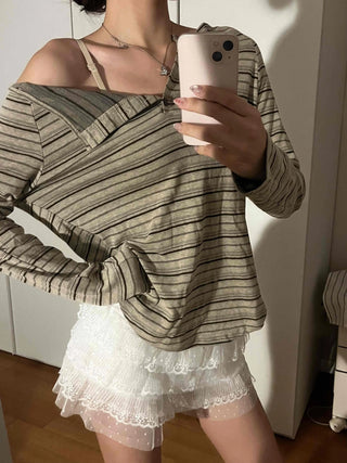 Natural Autumn Cotton Striped Long Sleeve T-shirt