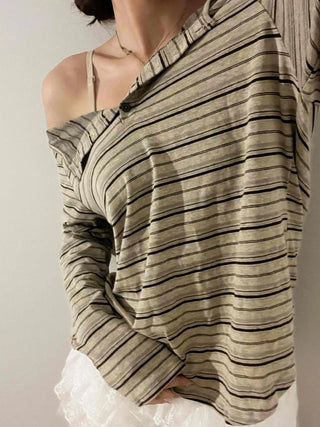 Natural Autumn Cotton Striped Long Sleeve T-shirt