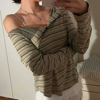 Natural Autumn Cotton Striped Long Sleeve T-shirt