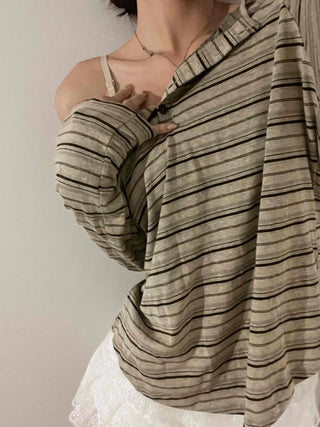 Natural Autumn Cotton Striped Long Sleeve T-shirt