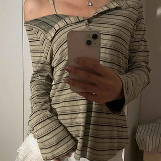 Natural Autumn Cotton Striped Long Sleeve T-shirt