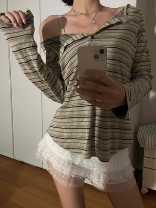Natural Autumn Cotton Striped Long Sleeve T-shirt