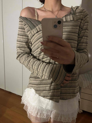 Natural Autumn Cotton Striped Long Sleeve T-shirt