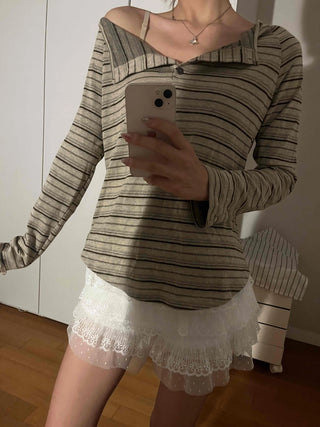 Natural Autumn Cotton Striped Long Sleeve T-shirt