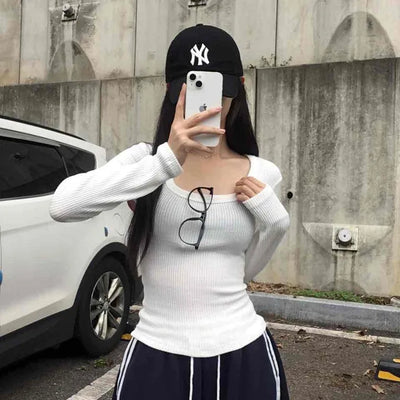 Comfort Deep U-Neck Long Sleeve T-Shirt