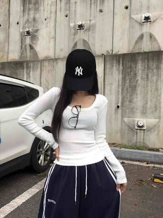 Comfort Deep U-Neck Long Sleeve T-Shirt