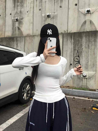Comfort Deep U-Neck Long Sleeve T-Shirt