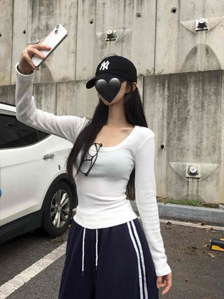 Comfort Deep U-Neck Long Sleeve T-Shirt
