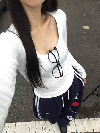 Comfort Deep U-Neck Long Sleeve T-Shirt