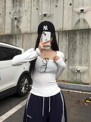 Comfort Deep U-Neck Long Sleeve T-Shirt
