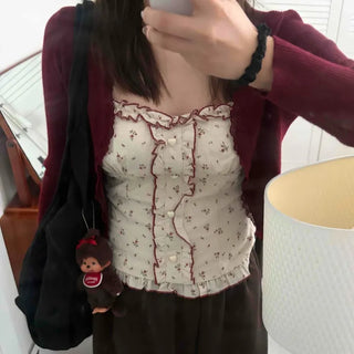 Ribbed Knit Open Cardigan & Small Floral Sleeveless