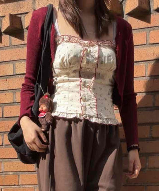 Ribbed Knit Open Cardigan & Small Floral Sleeveless