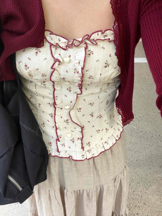 Ribbed Knit Open Cardigan & Small Floral Sleeveless