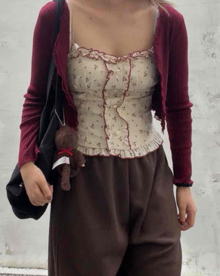 Ribbed Knit Open Cardigan & Small Floral Sleeveless
