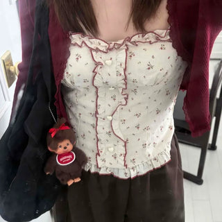 Ribbed Knit Open Cardigan & Small Floral Sleeveless
