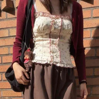 Ribbed Knit Open Cardigan & Small Floral Sleeveless
