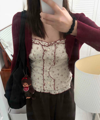 Ribbed Knit Open Cardigan & Small Floral Sleeveless