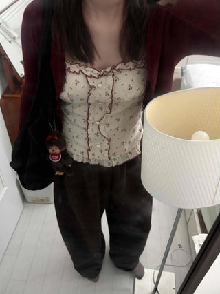Ribbed Knit Open Cardigan & Small Floral Sleeveless