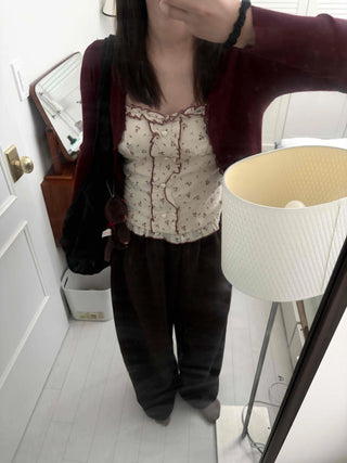 Ribbed Knit Open Cardigan & Small Floral Sleeveless