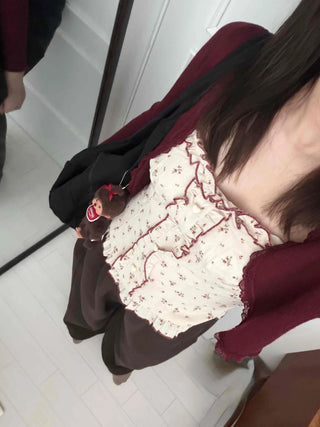 Ribbed Knit Open Cardigan & Small Floral Sleeveless