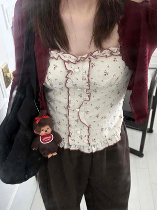 Ribbed Knit Open Cardigan & Small Floral Sleeveless
