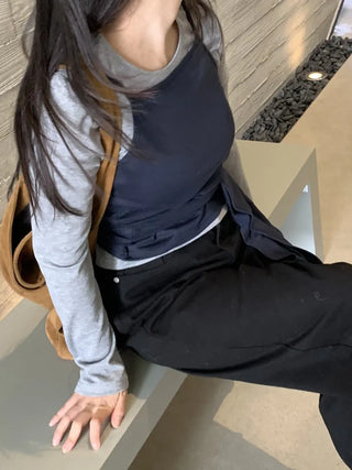 Slim Fit Square Neck Layered Long Sleeve T-shirt