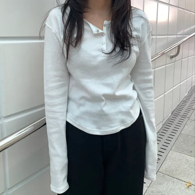 Button Slit Cotton Basic Long Sleeve