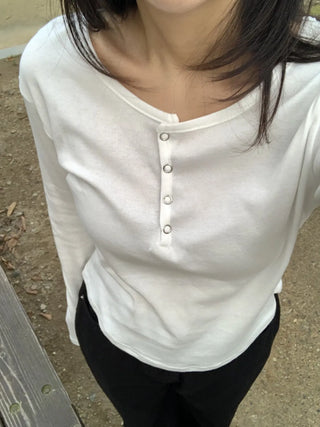 Button Slit Cotton Basic Long Sleeve