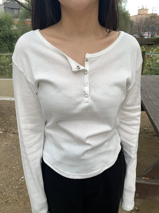 Button Slit Cotton Basic Long Sleeve