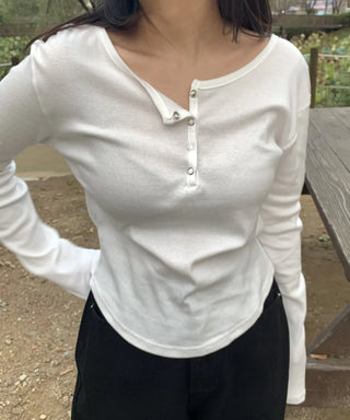Button Slit Cotton Basic Long Sleeve