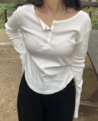 Button Slit Cotton Basic Long Sleeve