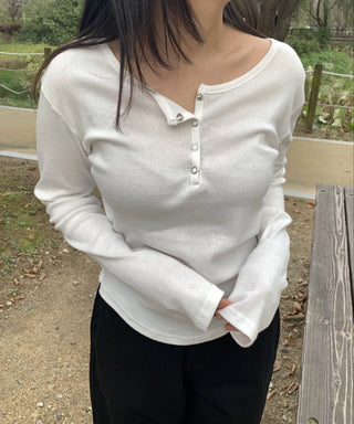 Button Slit Cotton Basic Long Sleeve