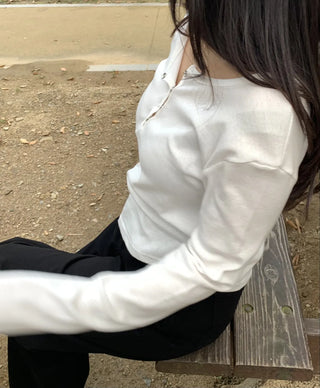 Button Slit Cotton Basic Long Sleeve