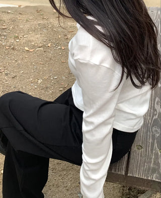 Button Slit Cotton Basic Long Sleeve