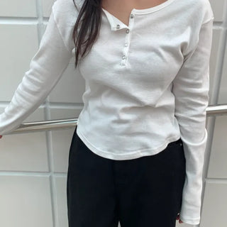 Button Slit Cotton Basic Long Sleeve