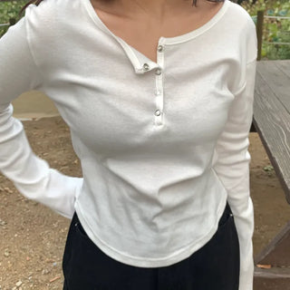 Button Slit Cotton Basic Long Sleeve