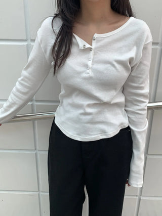 Button Slit Cotton Basic Long Sleeve