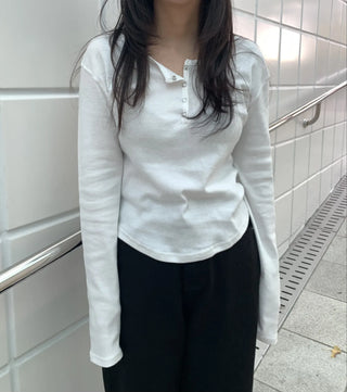 Button Slit Cotton Basic Long Sleeve