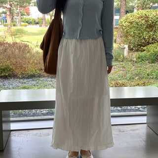 Pleated See-through Elastic Waist Maxi Skirt