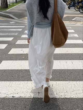 Pleated See-through Elastic Waist Maxi Skirt