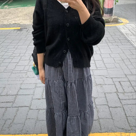 Check Pattern Tiered Ruffle Long Skirt