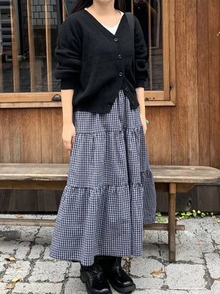 Check Pattern Tiered Ruffle Long Skirt