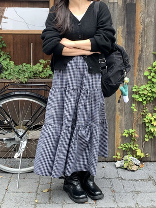 Check Pattern Tiered Ruffle Long Skirt
