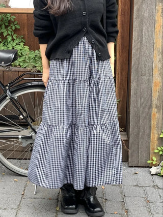 Check Pattern Tiered Ruffle Long Skirt