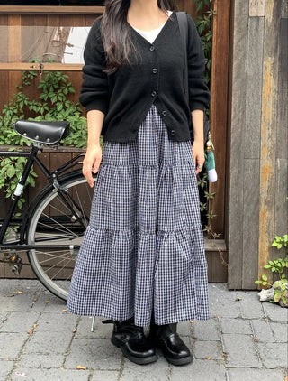 Check Pattern Tiered Ruffle Long Skirt