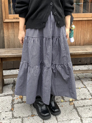Check Pattern Tiered Ruffle Long Skirt