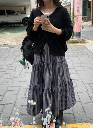 Check Pattern Tiered Ruffle Long Skirt