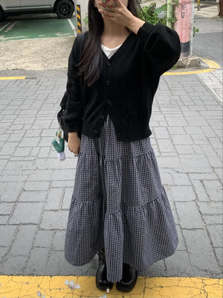 Check Pattern Tiered Ruffle Long Skirt