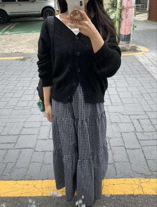 Check Pattern Tiered Ruffle Long Skirt