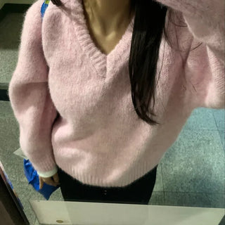 Fuzzy V-neck Volume Sleeve Knit